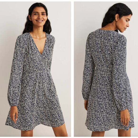 BODEN V-Neck Tea Dress French Navy Blue Floral Pebble {HH11} - Picture 1 of 5